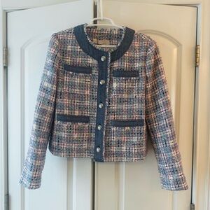 LOFT Multicolor Tweed Jacket with Navy Trim